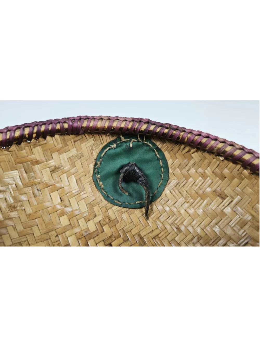 Vintage Hand-Coiled Southwestern Decorative Basket Bowl with Leather Medallion